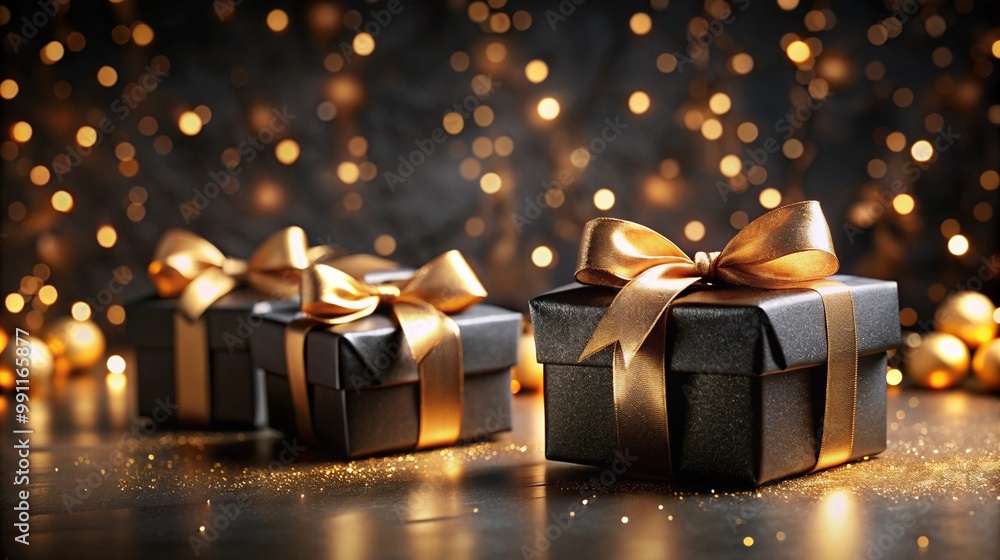 Elegant christmas gift boxes wrapped in black paper with gold ribbons and bows in a festive holiday lighting background creating a warm and joyful atmosphere Elegant christmas gift boxes wrapped in black paper with gold ribbons and bows in a festive holiday lighting background creating a warm and joyful atmosphere