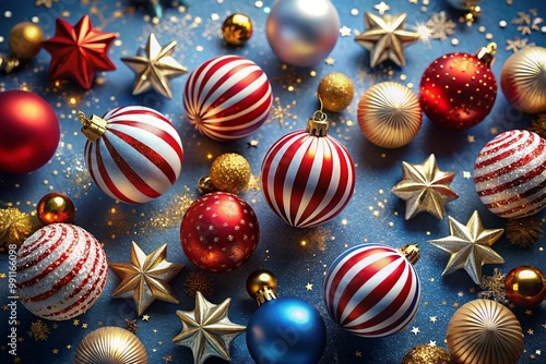 Christmas decorations laid out on blue surface featuring red and white striped ornaments gold stars and blue white ornaments with stars and glitter scattered around creating a festive atmosphere photo