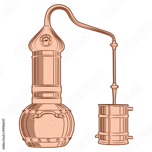alembic. copper cube for the distillation of alcohol vector illustration colored