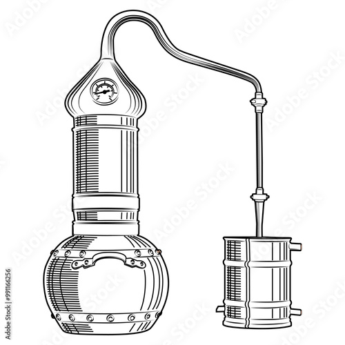 alembic. copper cube for the distillation of alcohol vector illustration. Grey