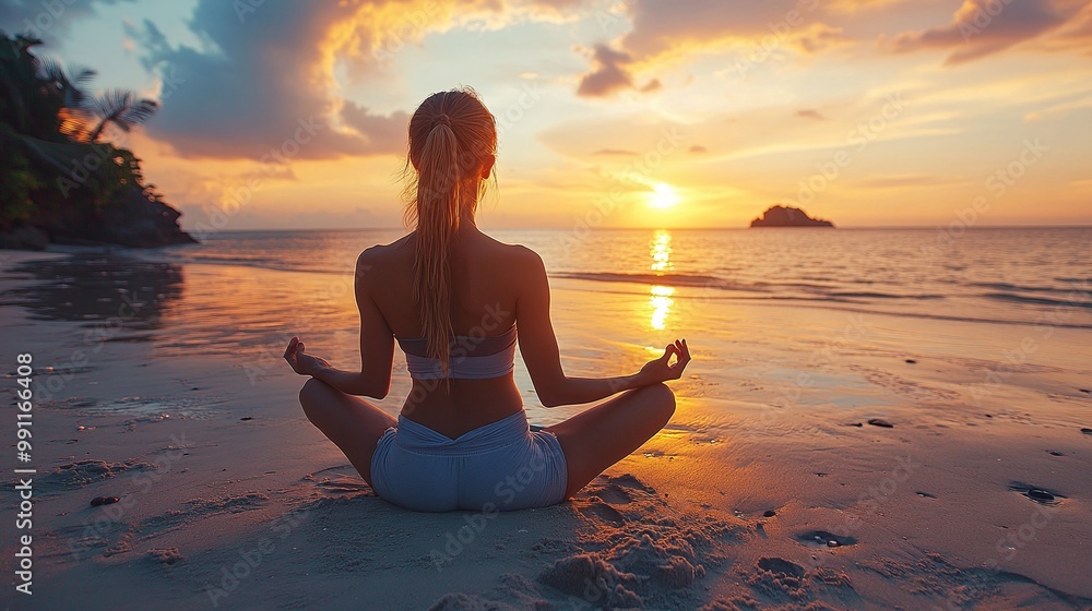 yoga practice on the beach, with a woman meditating and stretching by the ocean, embracing the peacefulness of nature and focusing on fitness, relaxation, and body balance
