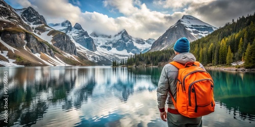 A hiker in orange backpack admires snowy mountains over calm lake, representing awe of nature exploration