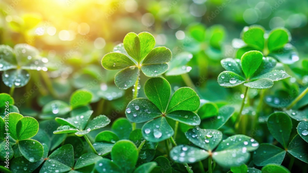 Lush green clover plants with dew-covered leaves in a spring garden Lush green clover plants with dew-covered leaves in a spring garden