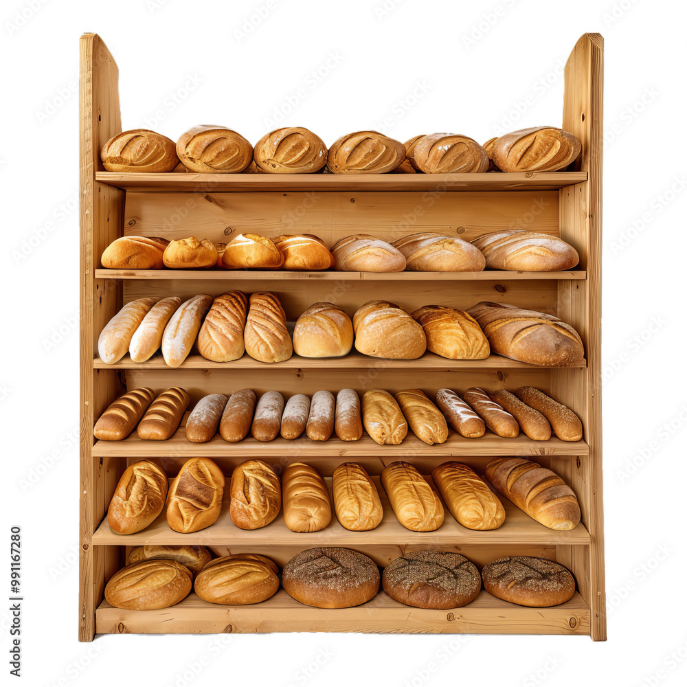 Wooden shelf full of fresh loaves of bread, showcasing a variety of baked goods in a bakery or shop Wooden shelf full of fresh loaves of bread, showcasing a variety of baked goods in a bakery or shop