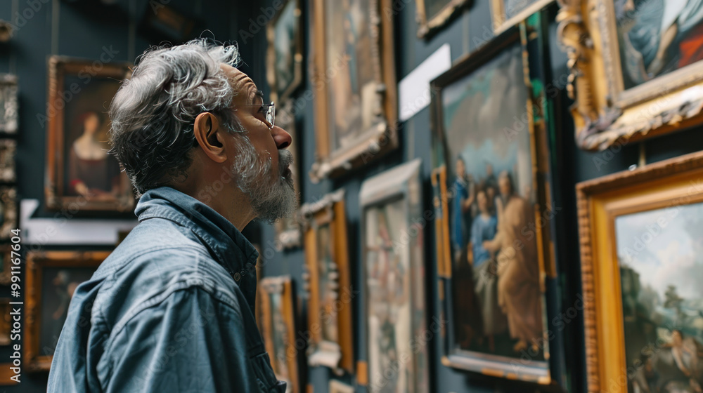 A collector reviewing potential art investments, focusing on historical value, cultural significance, and market potential. A collector reviewing potential art investments, focusing on historical value, cultural significance, and market potential.