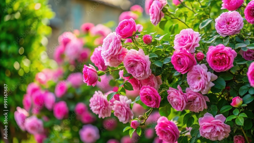 Pink Bulgarian rose bush in full bloom in a summer garden Pink Bulgarian rose bush in full bloom in a summer garden