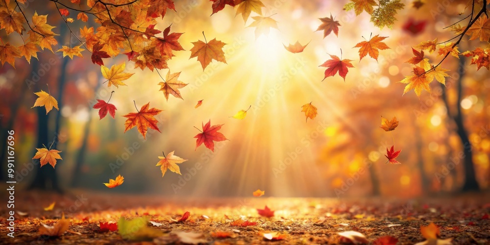 Enchanting autumn scene with golden and red leaves falling in warm sunlight Enchanting autumn scene with golden and red leaves falling in warm sunlight