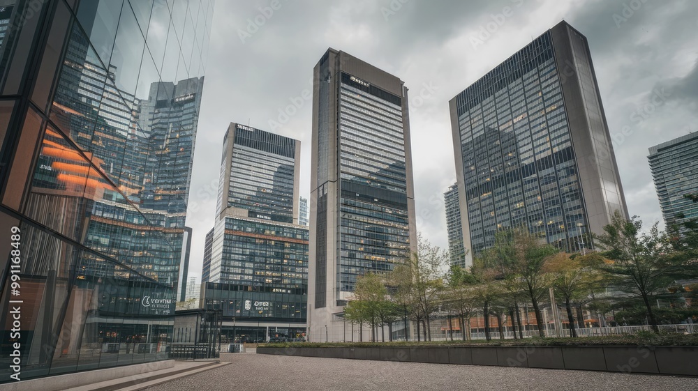 A photo of the Financial District in Toronto Downtown. The image contains several business skyscrapers with modern architecture. The buildings have glass exteriors and are adorned with various logos. A photo of the Financial District in Toronto Downtown. The image contains several business skyscrapers with modern architecture. The buildings have glass exteriors and are adorned with various logos.