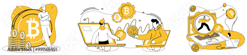Bitcoin trading vector illustration. E-commerce, marketplace, witnesses digital revolution as Bitcoin becomes preferred currency trade Internet, gateway, opens doors to borderless world Bitcoin