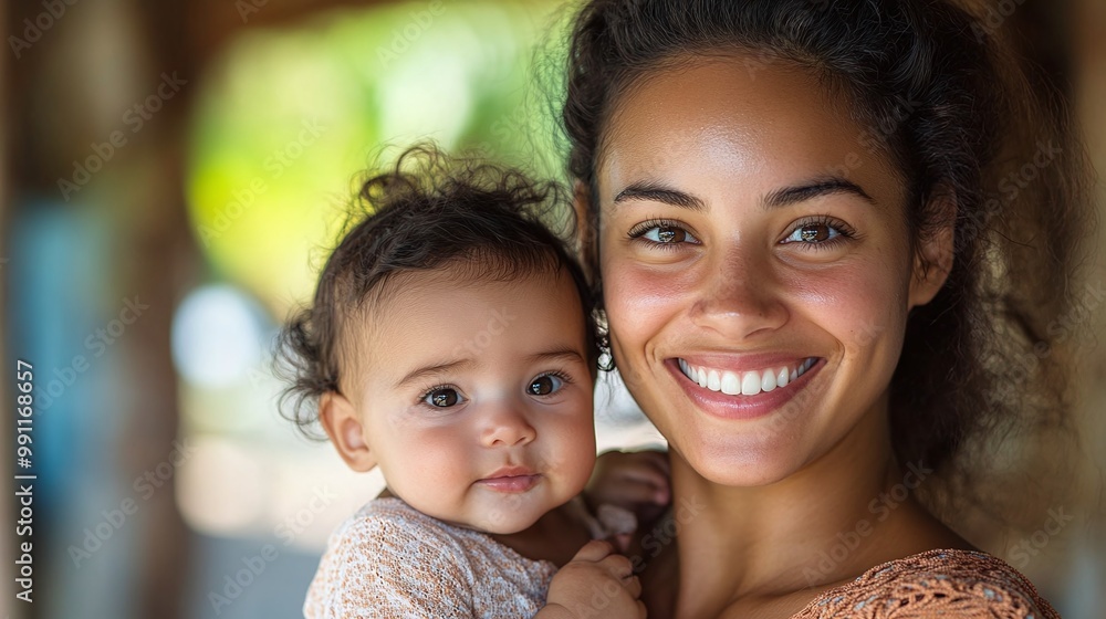 Fototapeta premium loving mother holding her smiling baby, capturing a heartwarming moment of maternal care, warmth, and happiness in a beautiful display of family love and connectio
