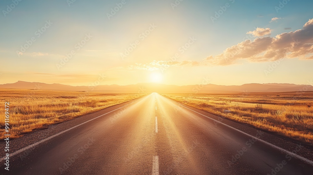 Fototapeta premium Endless Open Road at Sunset with Golden Fields and Dramatic Sky - Perfect for Travel and Adventure Themes