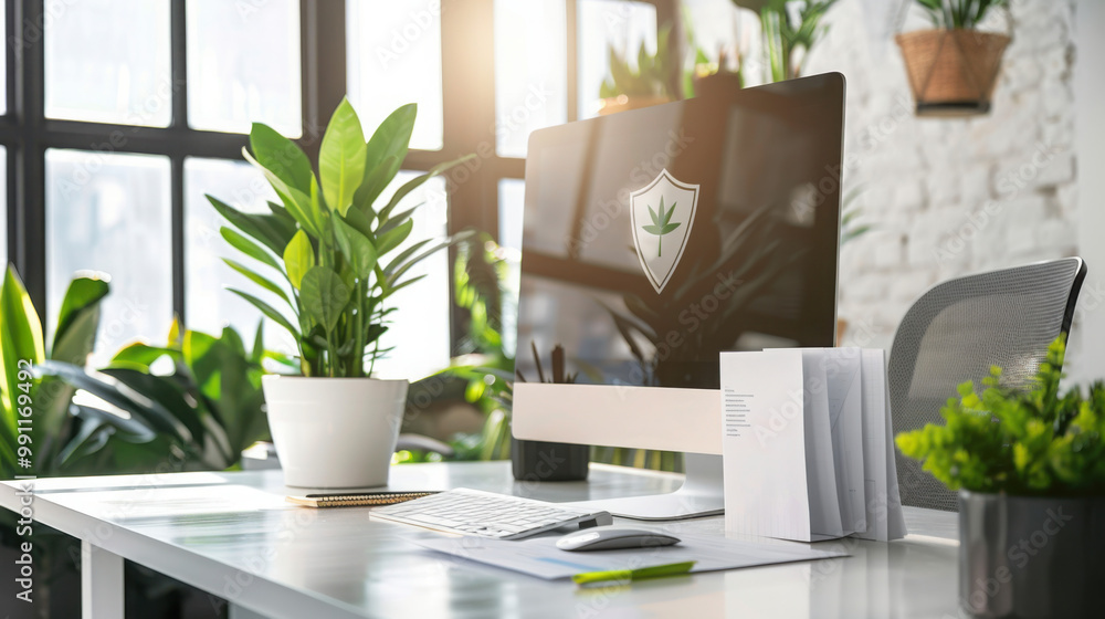 Clean and professional office setting with a desk, computer, and documents. frontal view, symmetrical composition. Clean and professional office setting with a desk, computer, and documents. frontal view, symmetrical composition.