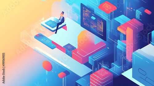 A modern digital illustration depicting a person working on a floating platform amidst colorful data and technology elements.