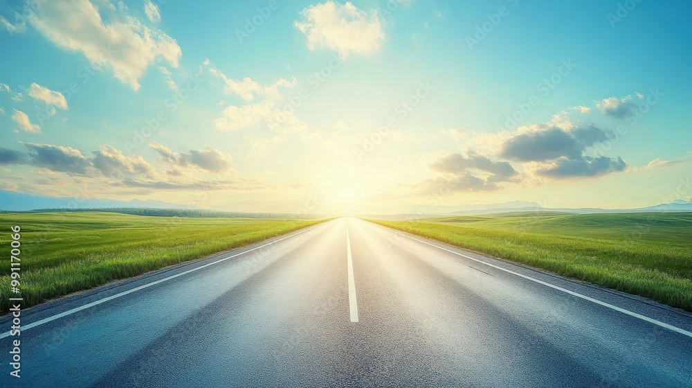Endless Open Road Leading to a Bright Horizon Under a Clear Blue Sky with Fluffy Clouds Endless Open Road Leading to a Bright Horizon Under a Clear Blue Sky with Fluffy Clouds