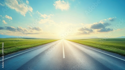 Endless Open Road Leading to a Bright Horizon Under a Clear Blue Sky with Fluffy Clouds