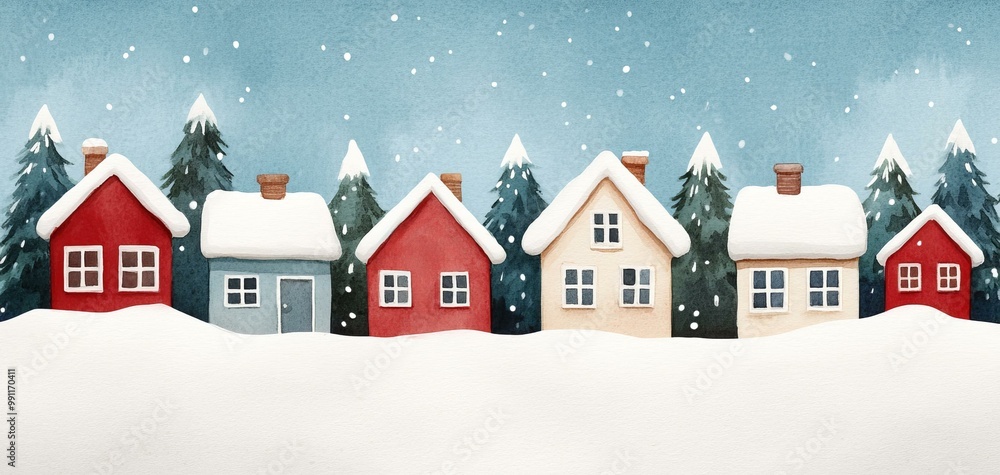 Fototapeta premium Charming winter houses with snow, surrounded by evergreen trees.