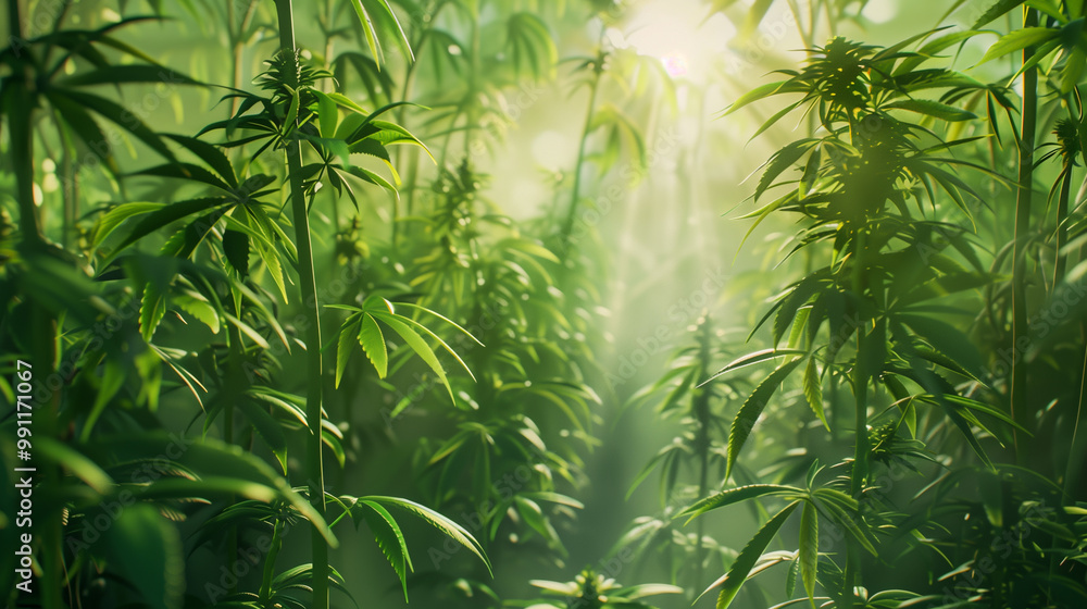 Naklejka premium A path through cannabis fields is growing densely