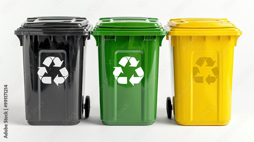 recycling bins with distinct colors green, yellow and black isolated white background recycling bins with distinct colors green, yellow and black isolated white background
