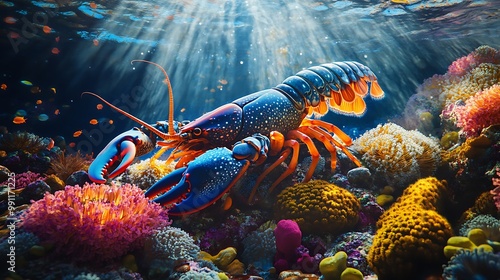 Colorful lobster exploring coral reefs, with anemones and small fish around photo