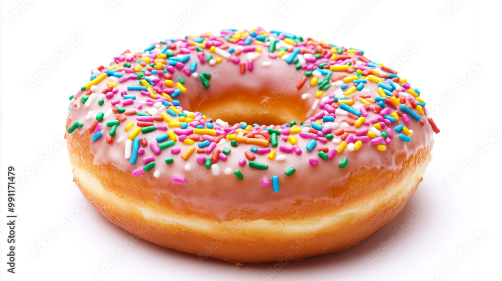 A glazed donut with rainbow sprinkles on a white background, looking bright and appetizing A glazed donut with rainbow sprinkles on a white background, looking bright and appetizing