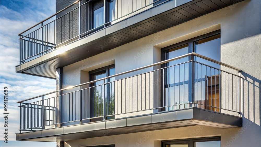 Modern balcony with coated metal railing on newly built house facade Modern balcony with coated metal railing on newly built house facade