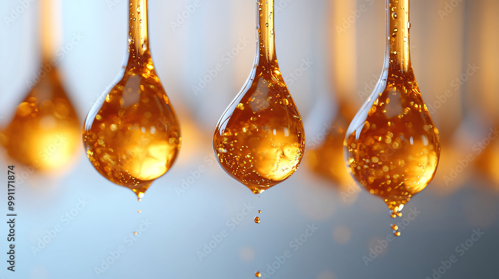 Close-up of golden medical oil drops suspended against a pure white background, evoking a sense of precision and purity Close-up of golden medical oil drops suspended against a pure white background, evoking a sense of precision and purity