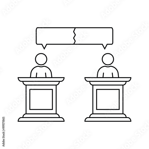 discussion between two speakers. concept of pr meeting, 2016 usa voting, duel, dialog, man figure, vs, polemic, senator primaries, podium. flat style black