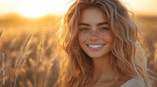 A woman smiles warmly while holding a product in a sunlit field during golden hour, capturing the essence of a casual outdoor photoshoot