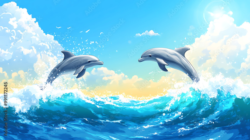 Fototapeta premium background with playful dolphins leaping above the ocean waves in a sunny tropical setting