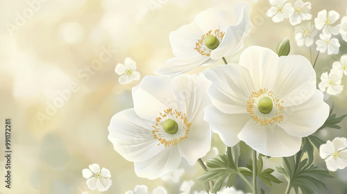 A beautiful illustration of white flowers with soft petals and subtle bokeh background. Perfect for design projects, greeting cards, or floral decor