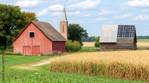 Rural landscape with red barn, church steeple, and cornfield under a blue sky. photo