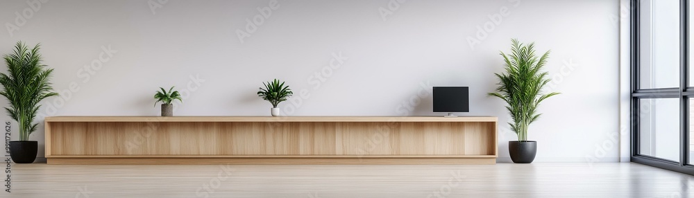 Modern interior with plants, wood furniture, and natural lighting.