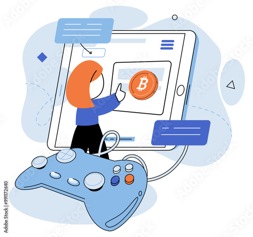 Gamefi vector illustration. Digital payments in GameFi offer seamless and secure way to transact within virtual world The internet connects players and facilitates exchange digital assets in GameFi