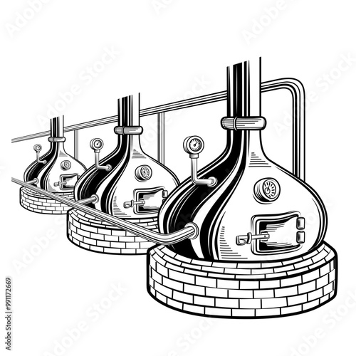 alembic. copper cube for the distillation of alcohol vector illustration. Grey