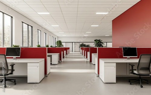 Modern office space with red accents and workstations.