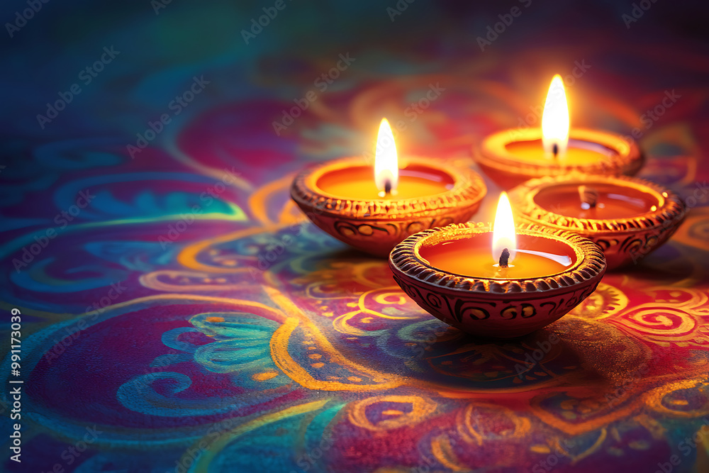 Diwali background with glowing oil lamps (Diya's) and intricate rangoli patterns Diwali background with glowing oil lamps (Diya's) and intricate rangoli patterns
