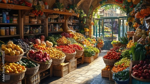 Panoramic view of a vibrant market, fresh ingredients artfully displayed, showcasing everyday culinary simplicity