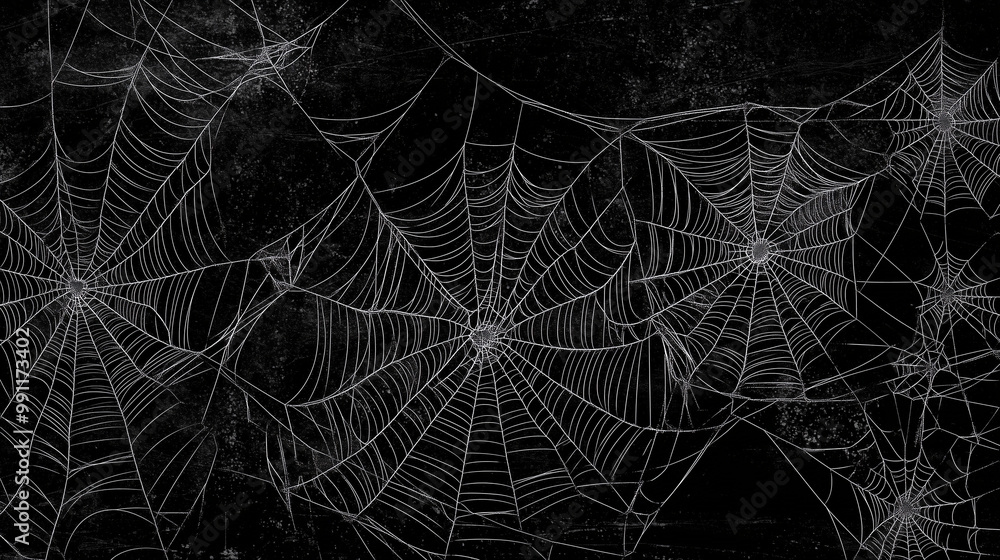 White spider webs intricately designed against a black background create an eerie atmosphere, perfect for Halloween and dark fantasy themes. This vector illustration features clear lines and shapes, e White spider webs intricately designed against a black background create an eerie atmosphere, perfect for Halloween and dark fantasy themes. This vector illustration features clear lines and shapes, e