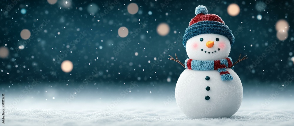 Fototapeta premium Snowman standing in a snowy landscape with festive bokeh lights.