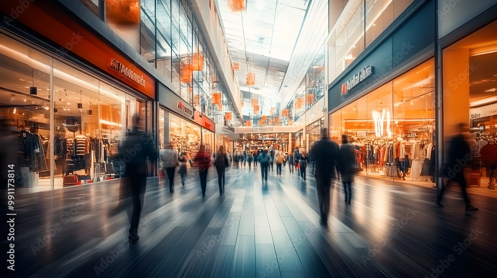 A busy shopping center, people walking with blurred motion A busy shopping center, people walking with blurred motion