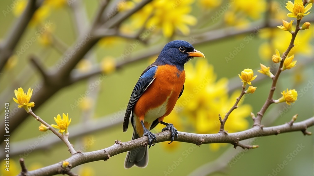 a colorful bird is perched on a branch with yellow flowers. a colorful bird is perched on a branch with yellow flowers.