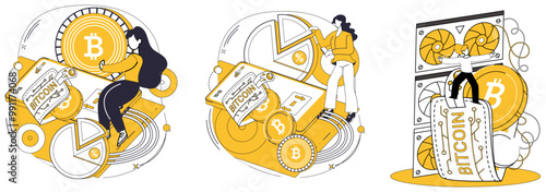 Bitcoin mining vector illustration. Production, workshop, churns out digital coins as Bitcoin mining becomes economic activity Cryptocurrency, newcomer, disrupts traditional finance, challenging