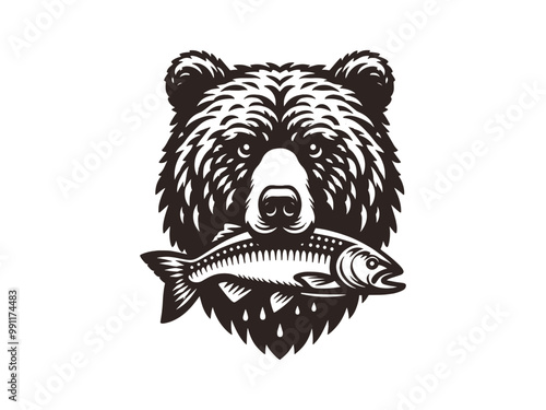 bear carrying a big fish on mouth. grizzly and salmon. fishing. Vintage retro engraving illustration. Black icon, isolated element	