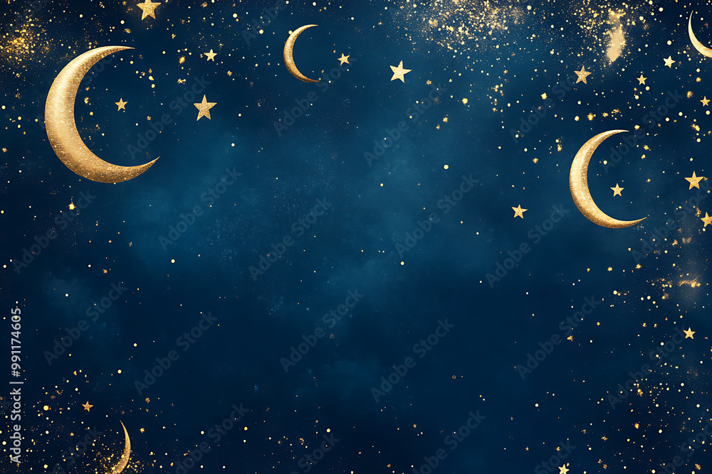 Fototapeta premium Eid background with crescent moons and stars in gold against a deep blue sky