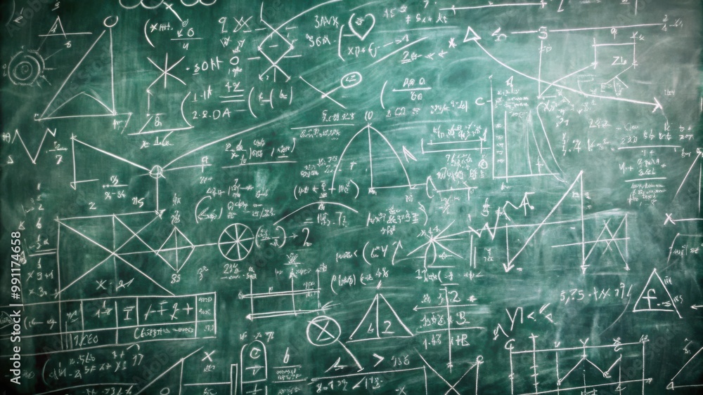Close up of a chalkboard with complex mathematical equations and formulas in an academic setting Close up of a chalkboard with complex mathematical equations and formulas in an academic setting