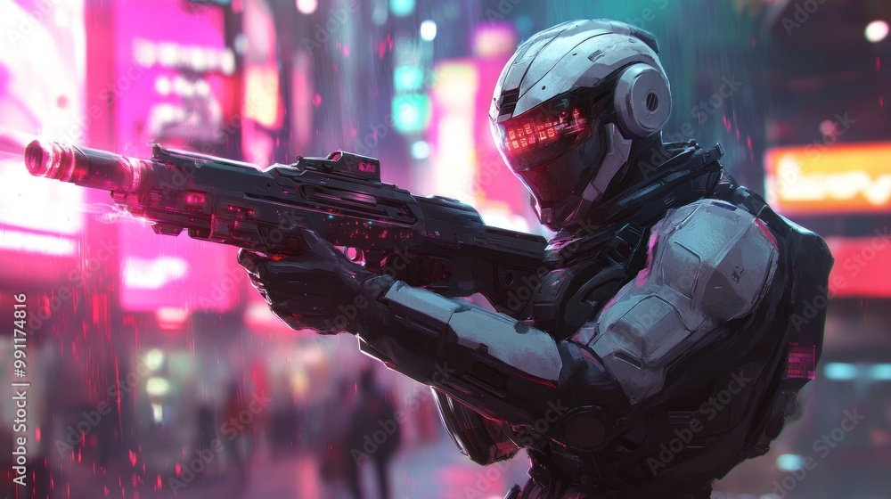 A futuristic soldier in a neon-lit urban environment, aiming with a rifle. A futuristic soldier in a neon-lit urban environment, aiming with a rifle.