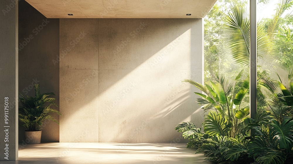 tropical plants and sunlight complementing a minimalist architectural space, creating a peaceful and natural environment with modern design, clean structures, and outdoor elegance tropical plants and sunlight complementing a minimalist architectural space, creating a peaceful and natural environment with modern design, clean structures, and outdoor elegance