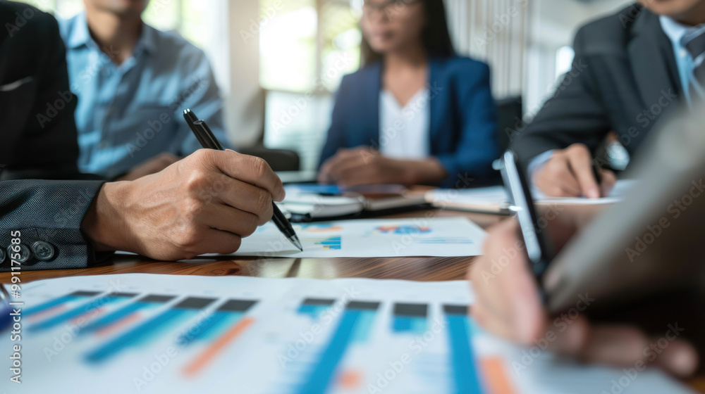 A corporate client meeting with a banking team to discuss financial solutions, including loans, cash management, and investments for business growth. A corporate client meeting with a banking team to discuss financial solutions, including loans, cash management, and investments for business growth.
