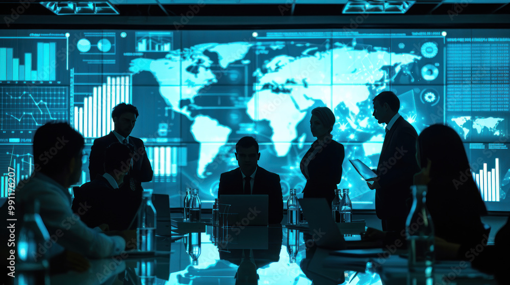 A corporate leadership team at an international summit presenting their global expansion plans, with digital projections of financial data and world markets. A corporate leadership team at an international summit presenting their global expansion plans, with digital projections of financial data and world markets.