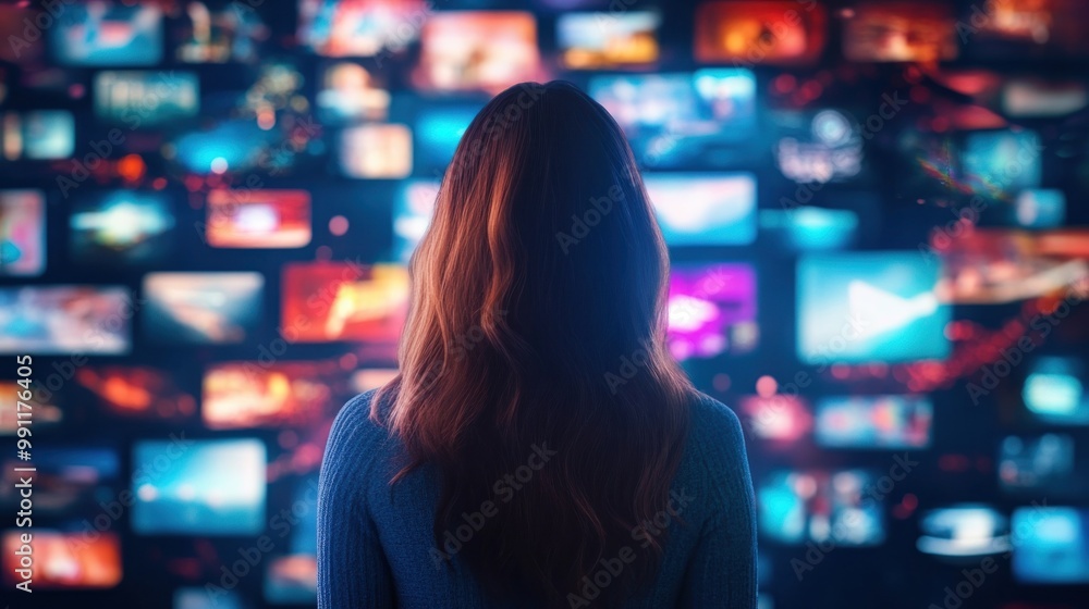 A person gazing at a wall of screens displaying various vibrant visuals. A person gazing at a wall of screens displaying various vibrant visuals.